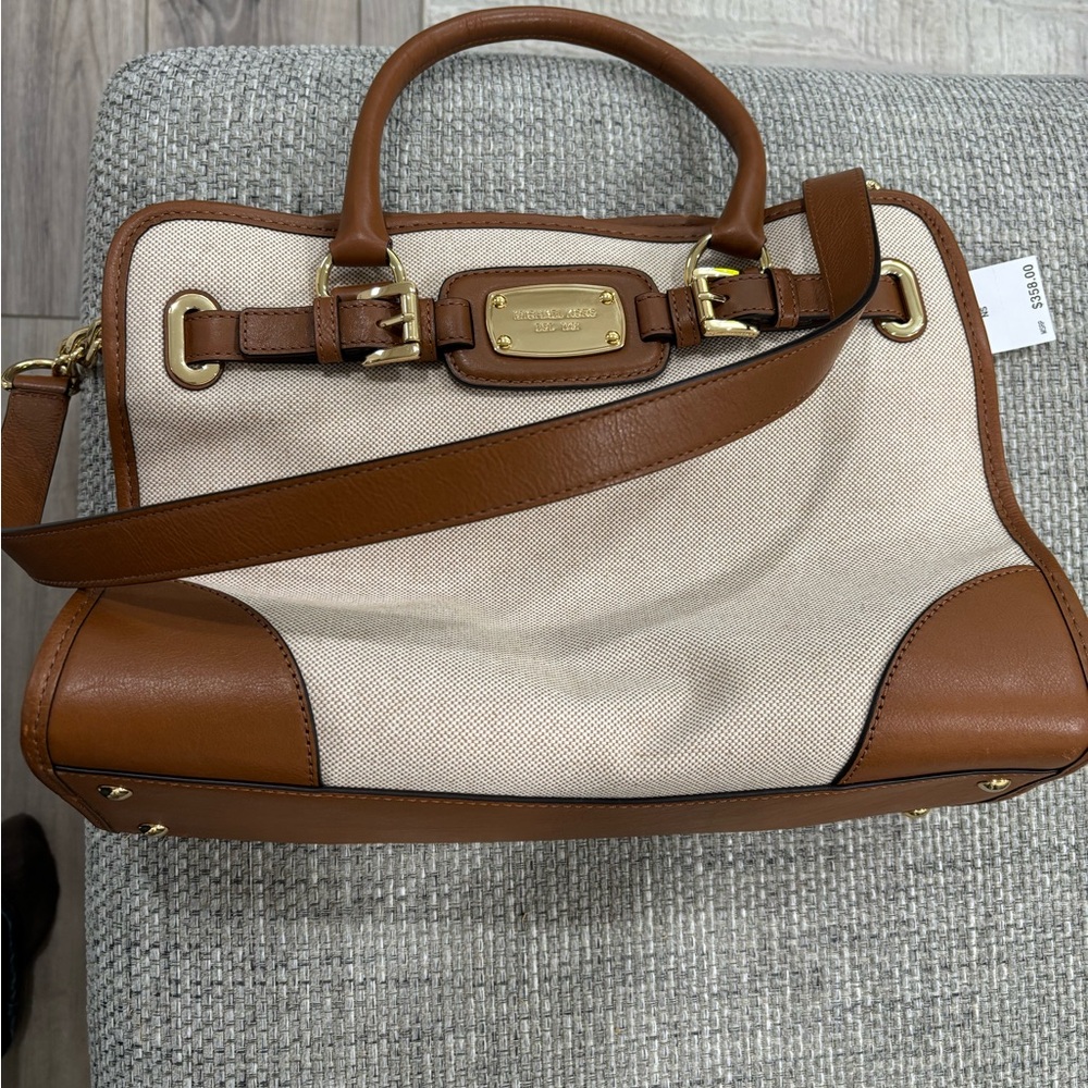 Michael Kors Brown and Cream Satchel with Gold Hardware